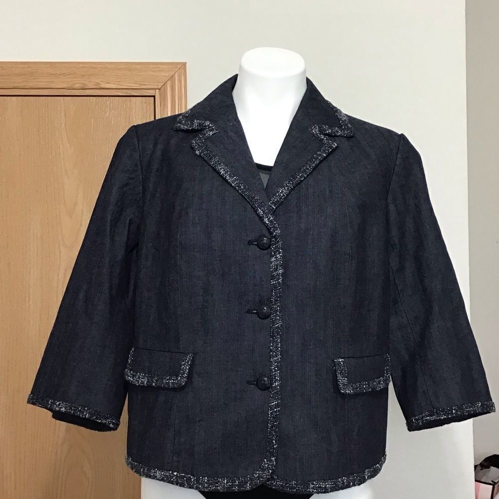 Talbots Blue Denim Tweed Trimmed 3/4 Sleeve Blazer New With Tag Size 14WP